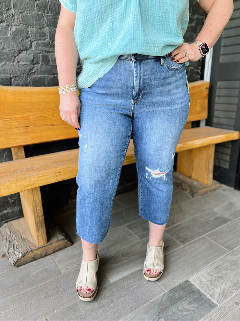 Curvy Harmony Distressed Wide Leg Denim