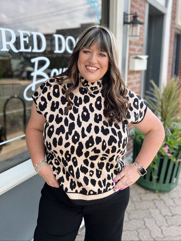 Curvy Leopard Print Sleeveless Sweater Black Trim
