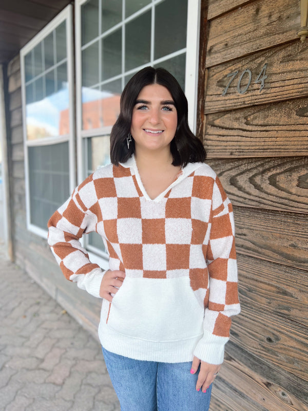 Ivory and Rust Checkered Sweater Hoodie