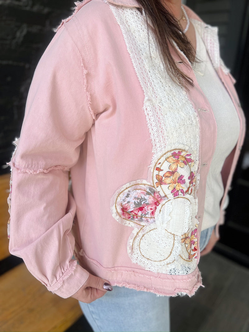 Pink Oversized Balloon Sleeve Patch Detail Denim Jacket