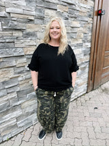 Curvy Black Linen Scalloped Frayed Hem Top