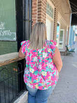 Curvy Pink Floral Smocked Detail Top