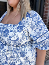 Curvy Blue & White Floral Print Tiered Short Dress