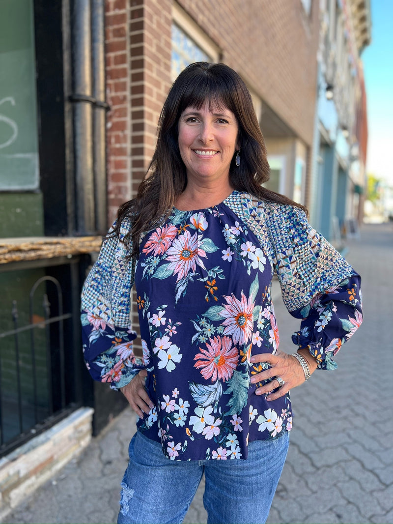 Navy Mixed Print Floral Top