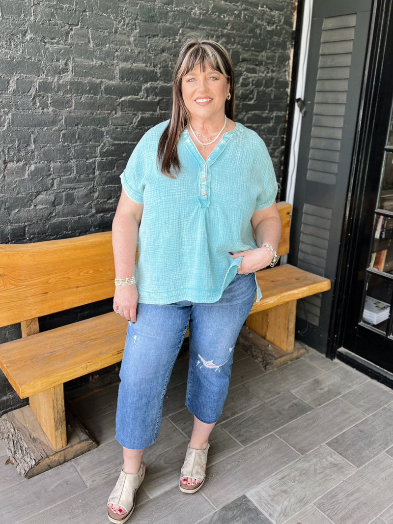 Curvy Harmony Distressed Wide Leg Denim