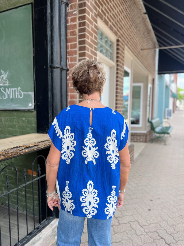 Blue Short sleeve Top W/ White Design