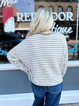 Button Henley Stripe Long Sleeve Drop Shoulder Sweater