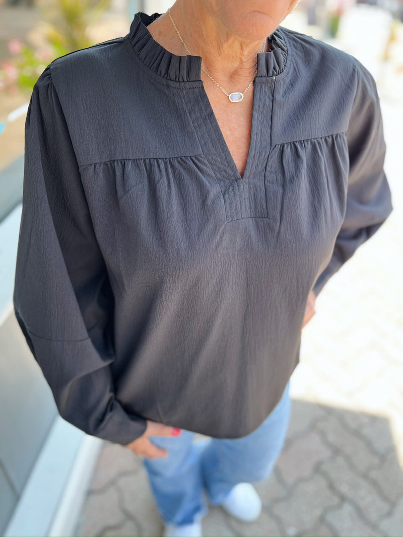 Black Pleated Long Sleeve Top