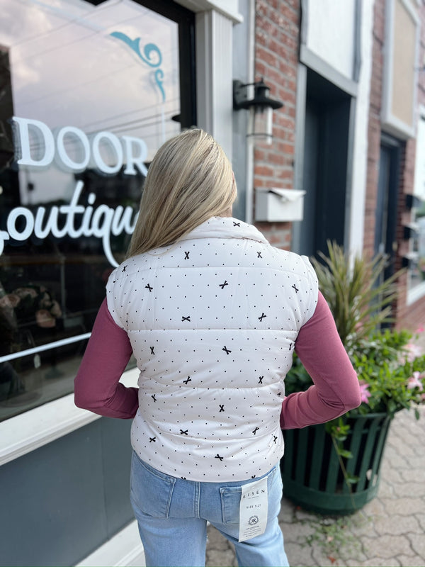 Ivory Polka Dot and Bow Pattern Zip Up Puffer Vest