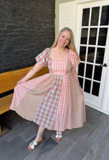 Pink Plaid Cap Sleeve Patchwork Dress