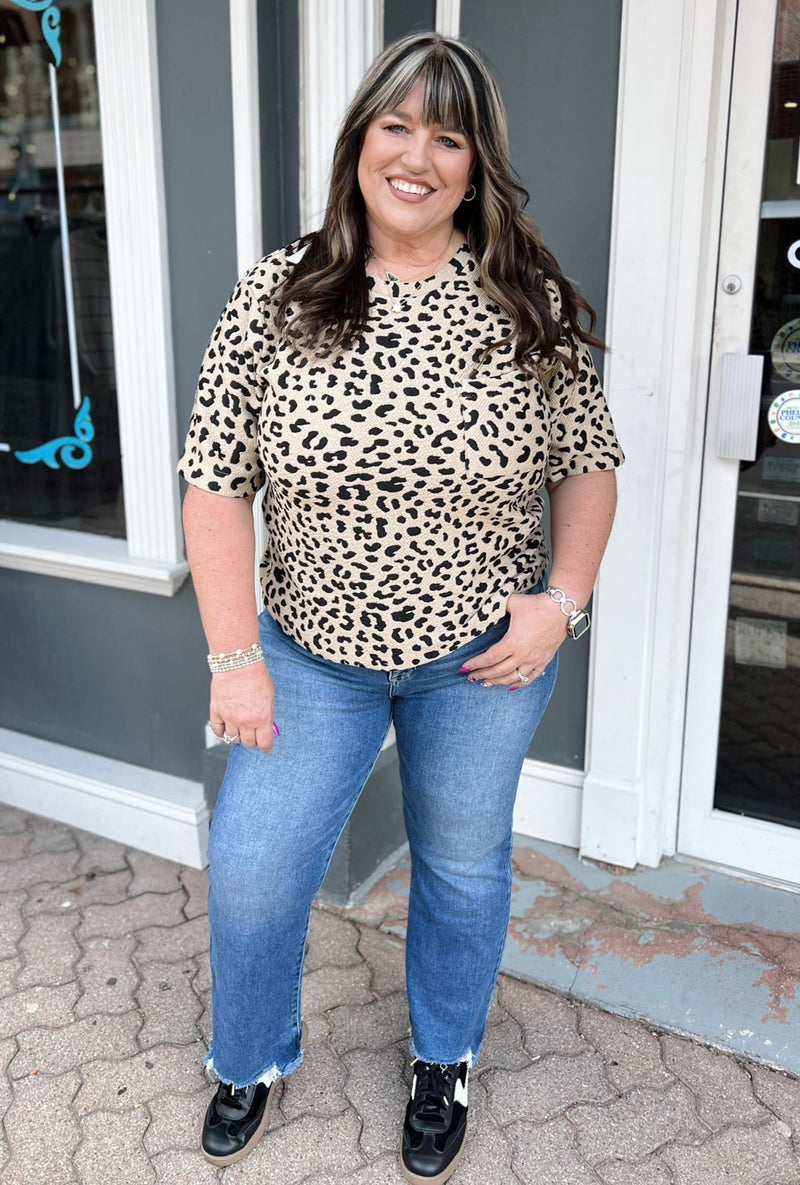 Curvy Half Sleeve Textured Knit Leopard Print Top