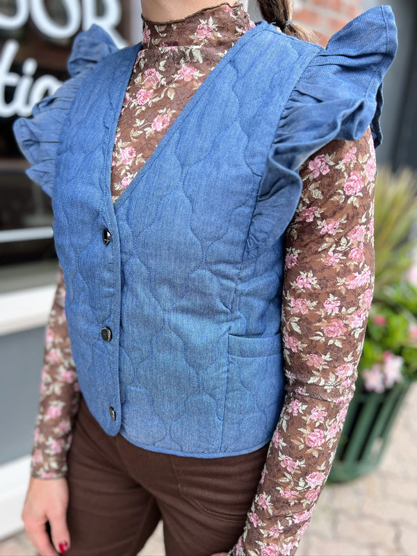 Denim Quilted Vest With Shoulder Ruffles