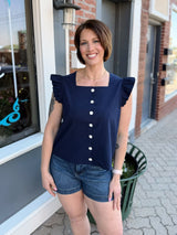 Navy Button Front Ruffle Sleeve Top