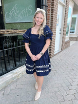 Navy Ric Rac Tiered Puff Sleeve  Dress
