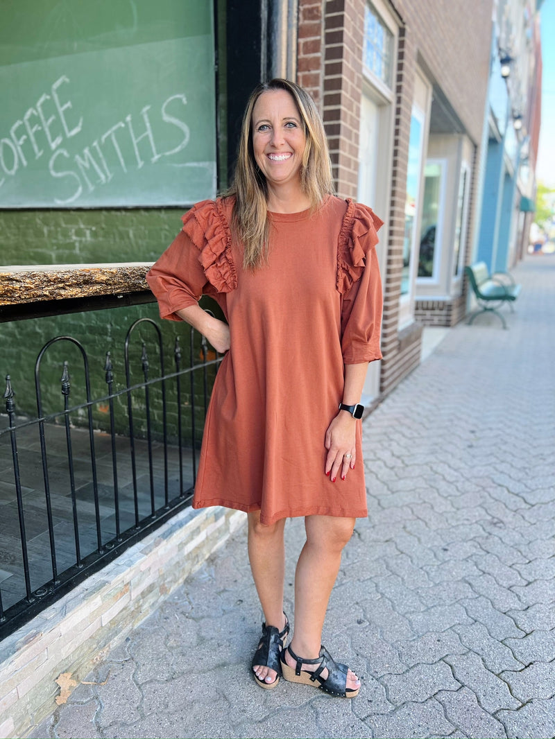 Rust Ruffle Shoulder Dress