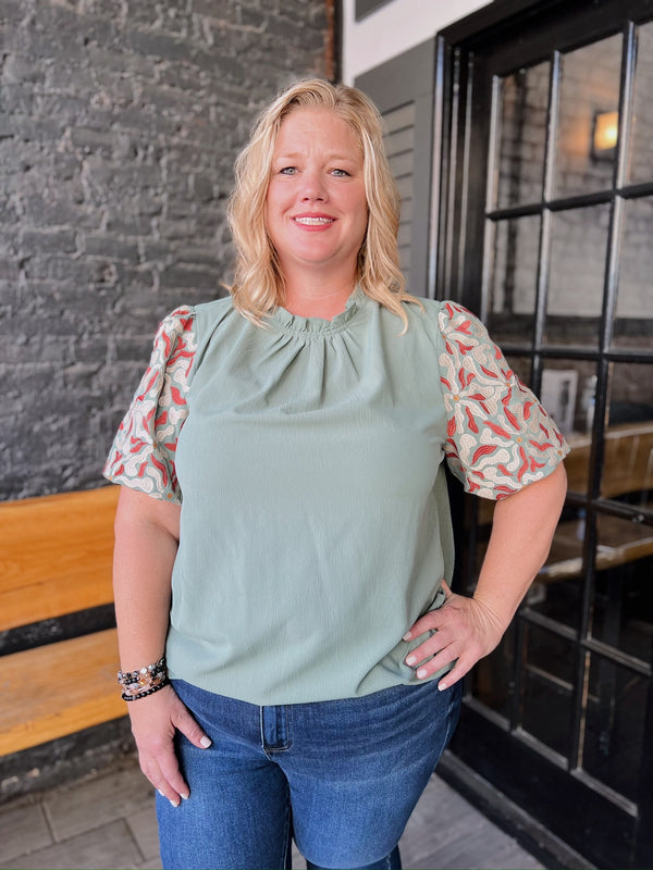 Curvy Olive Ruffle Neck Embroidered Puff Sleeve Top