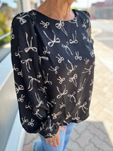 Black Bow Pattern Round Neck Long Sleeve Blouse