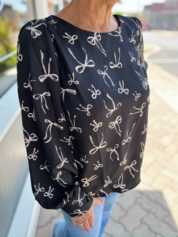 Black Bow Pattern Round Neck Long Sleeve Blouse
