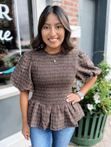 Brown Plaid Short Puff Sleeve Smocked Top