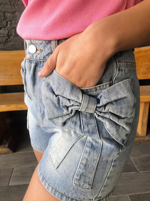 Bow Knot Pocket Denim Shorts