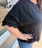 Curvy Black Linen Scalloped Frayed Hem Top