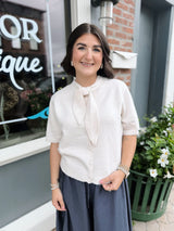 Oatmeal Short Sleeve Tie Neck Button Down Sweater