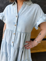 Chambray Ruffled Tiered Shirt Dress