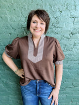 Brown Stripe Contrast Trim Top