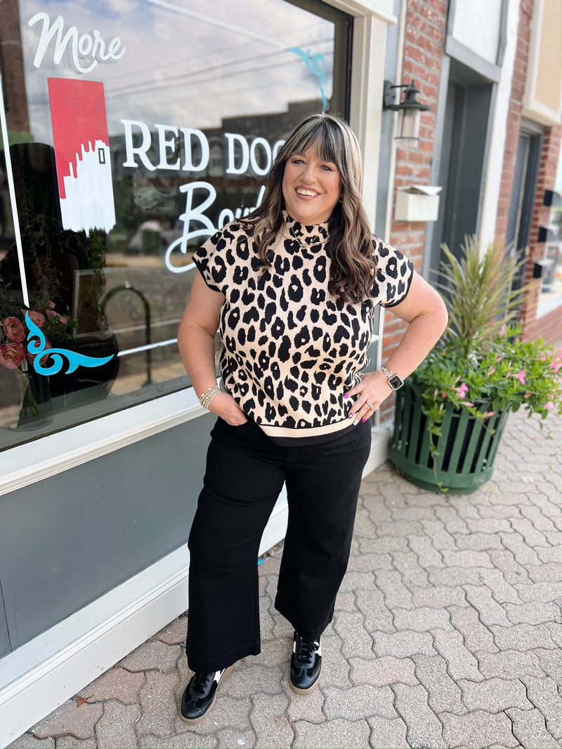 Curvy Leopard Print Sleeveless Sweater Black Trim