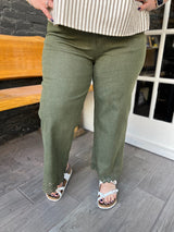 Curvy Olive High Waist Crop W/ Floral Embroidered Hem