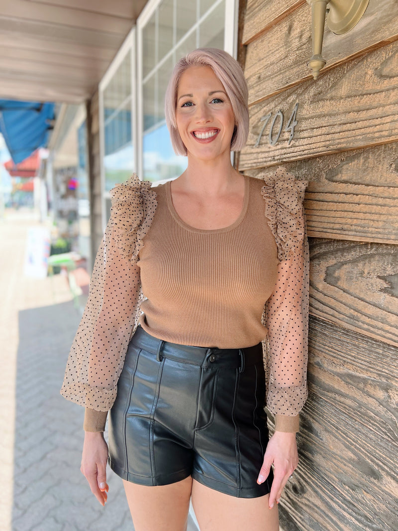 Camel Ribbed Tulle Sleeve Top