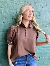 Polka Dot Accent Puff Sleeve Top