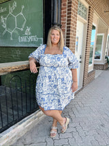Curvy Blue & White Floral Print Tiered Short Dress