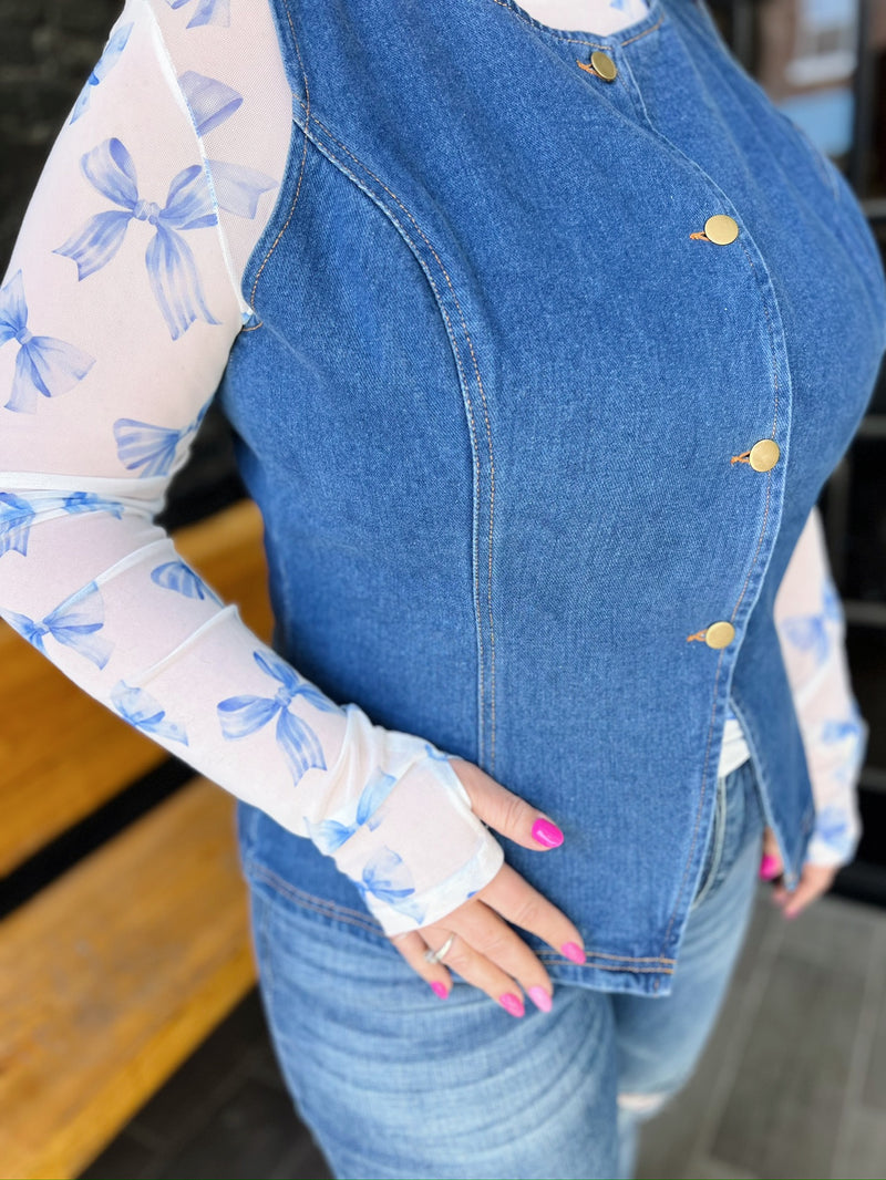 Curvy Button Front Denim Vest