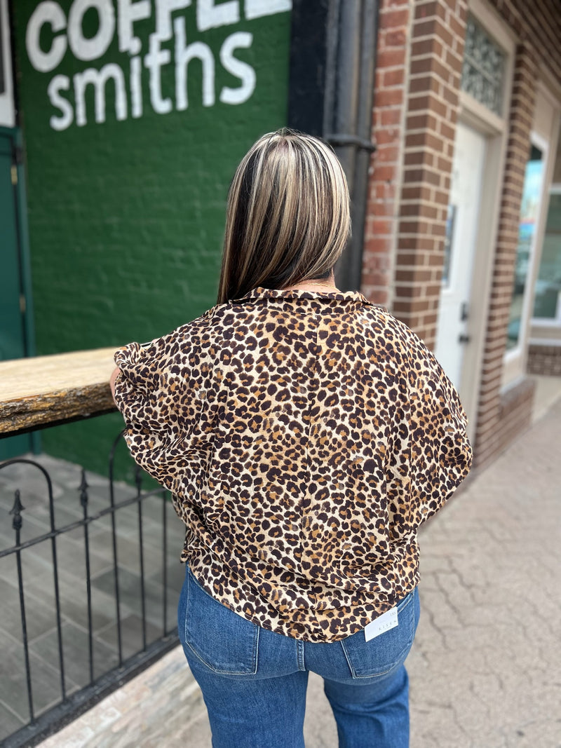 Leopard Print High Neck Elastic Sleeve Dolman Top