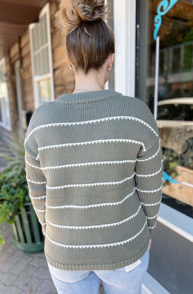 High Neck Double Pocket Texture Stripe Cardigan