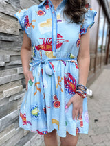 Blue Button Front Collared Lobster Dress