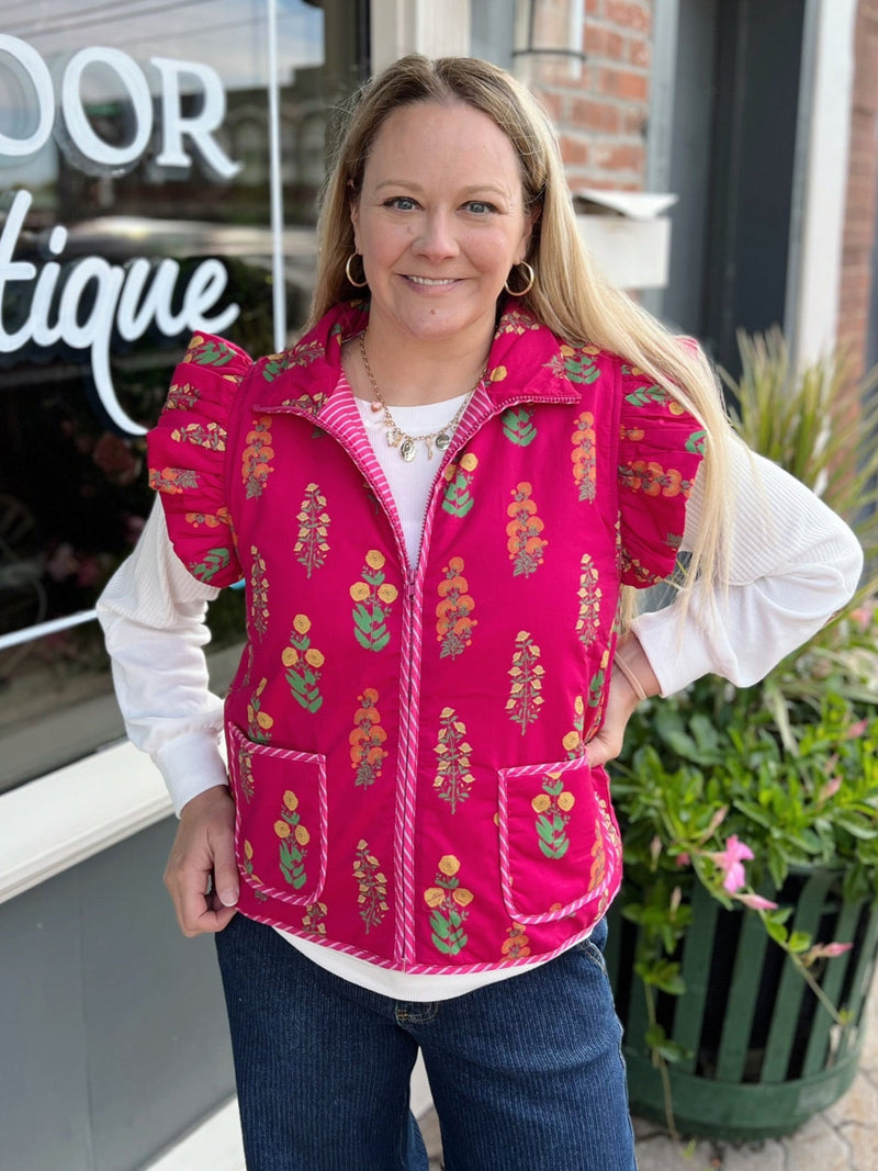 Magenta Floral Patterned Vest With Pockets