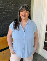 Collared Button Down Short Sleeve Linen  Top