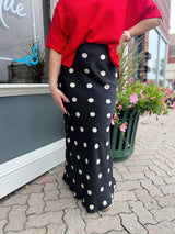 Black Satin Maxi Skirt with Elastic Waist in Polka Dot