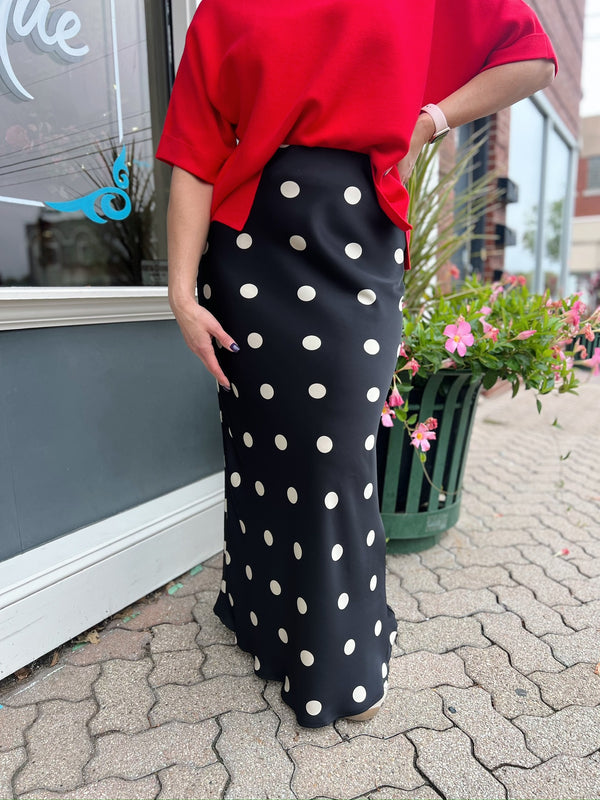 Black Satin Maxi Skirt with Elastic Waist in Polka Dot