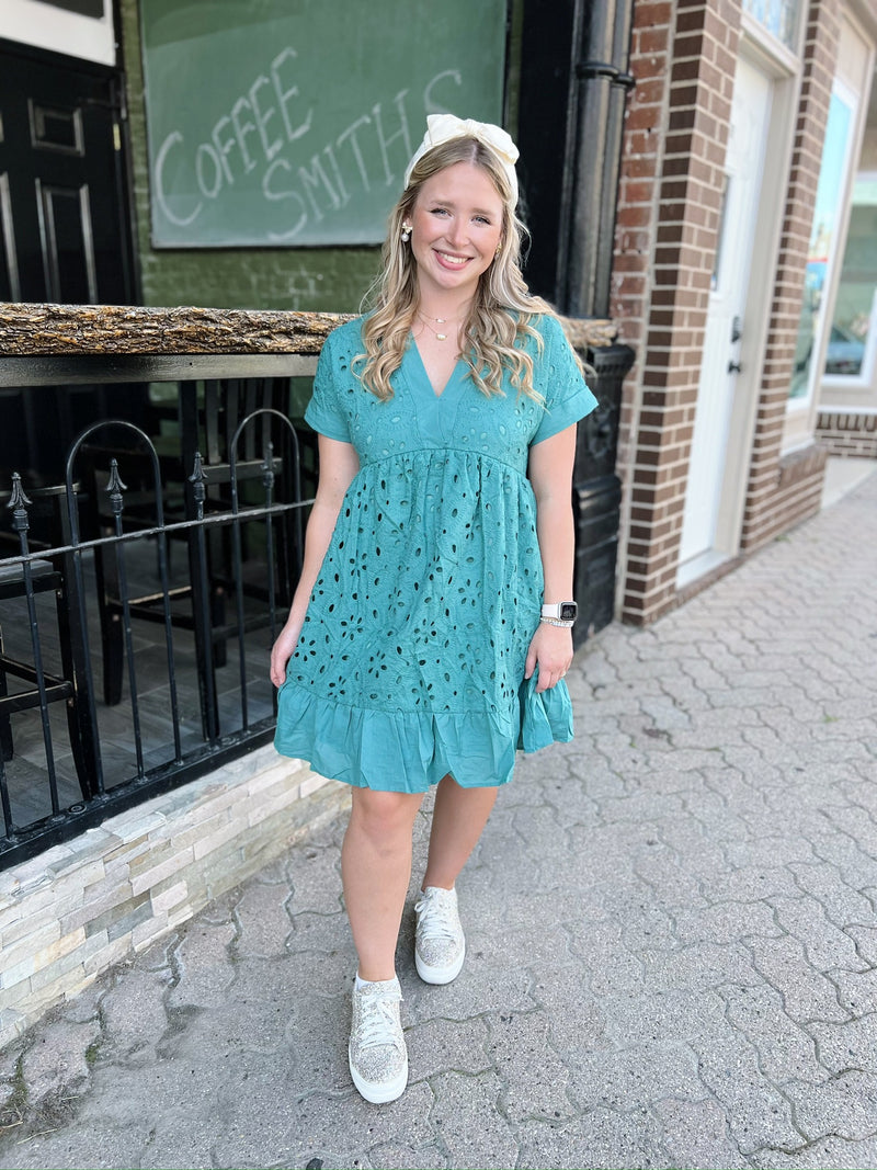 Sea Green Eyelet Ruffle Hem Dress