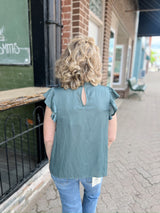Dark Sage Mock Neck Ruffle Sleeve Top