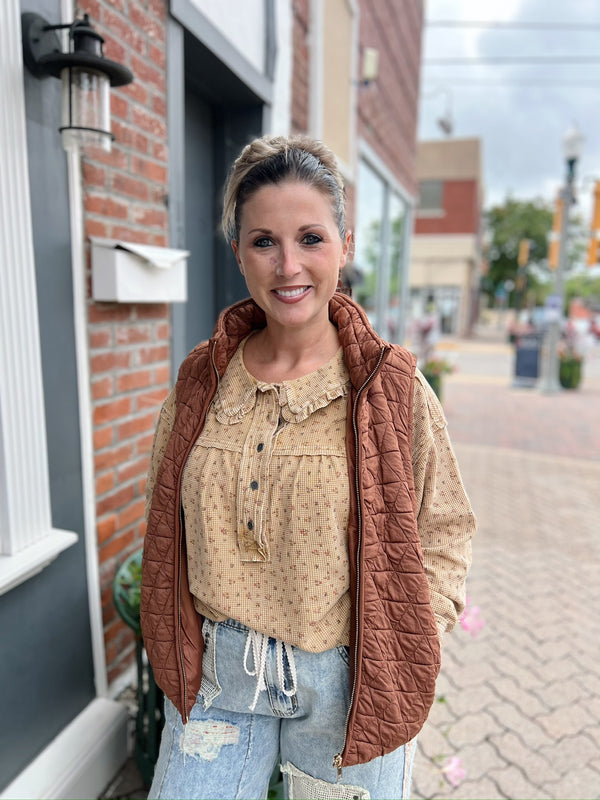 Latte Floral Collared Thermal Top