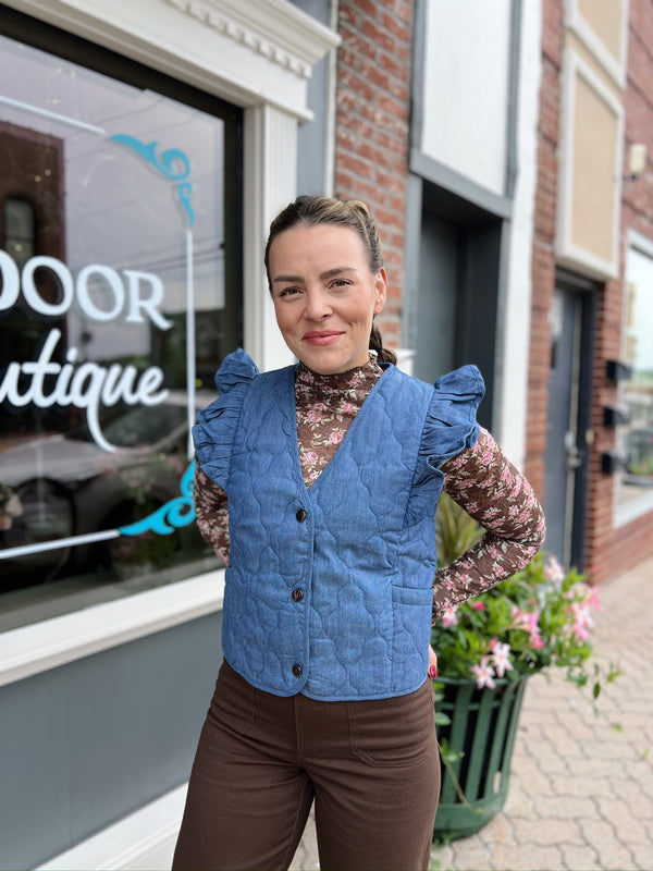 Denim Quilted Vest With Shoulder Ruffles