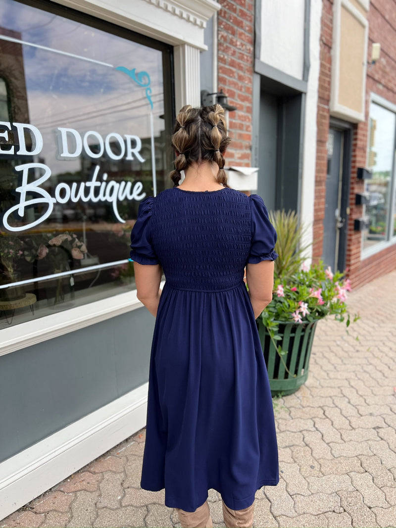 Blue V Neck Front Ties Smocked Puff Sleeve Dress