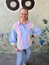 Blue Stripe Mix Button Front Top