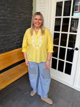 Curvy Washed Denim Relaxed Drawstring Pants