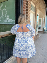 Curvy Blue & White Floral Print Tiered Short Dress