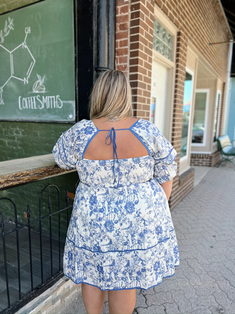 Curvy Blue & White Floral Print Tiered Short Dress